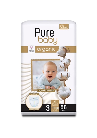 Pure Baby Organik Pamuklu Cırtlı Bez Tekli Paket 3 Numara Midi 56 Adet