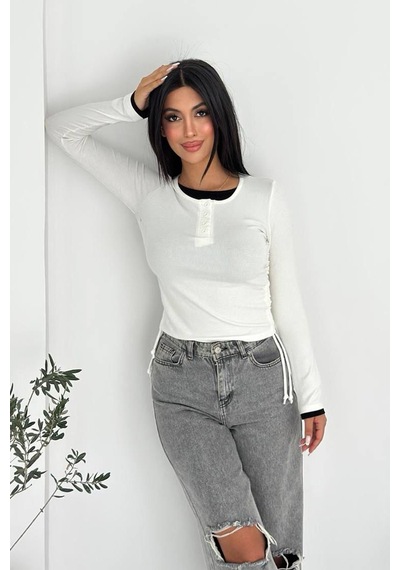 Noa & Noa Kadın Yan Bağcıklı Uzun Kollu Bluz Sade & Karakterli Stil Beyaz