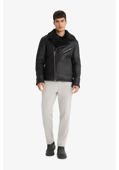 Defacto Slim Fit Dar Kesim Suni Kürk Astarlı Fermuarlı Cepli Süet Deri Kışlık Ceket Mont C5636ax25wnbk27 Siyah-bk27