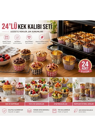 24 Lü Yuvarlak Kek Kalıbı Seti 5x4 Cm Renkli Desenli Tek Kullanımlık Pişirme Kabı, Muffin, Cupcake, Kek Ve Tatlı İçin Diğer