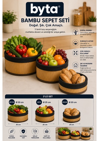 Bambu Sepet Seti Çok Amaçlı Kullanıma Uygun Gıdaya Teması Uygun Bez Astarlı Organizer 30 Cm, 25 Cm, 20 Cm Çap Siyah