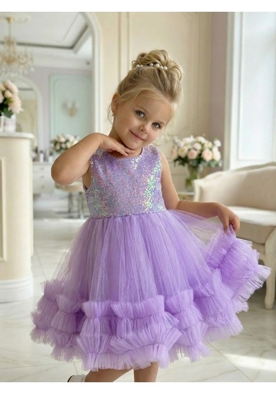Butikhappykids Kız Çocuk Lila Payetli Volanlı Tüllü Prenses Abiye Elbise 1-5 Yaş Lila