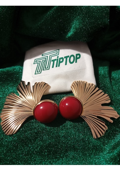 Tiptop/ Bordo Mineli Gold Yaprak Küpe Altın - Kırmızı