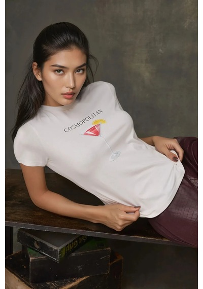 Hiccup Kadın Bisiklet Yaka Kısa Kollu Önü Baskılı Pamuklu T-shirt Pembe