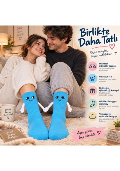 Womanandkids Wak Mıknatıslı El Ele 2'li Unisex Tutuşan Sevimli Çorap 36-44 Çift Hediyesi, Pamuklu Renkli Crew M Mavi