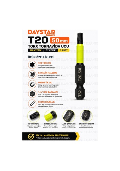 T20 Torx Tornavida Ucu 50 Mm Manyetik S2 Çelik 1/4" Hex Vidalama Ucu 1 Adet Yüksek Kalite