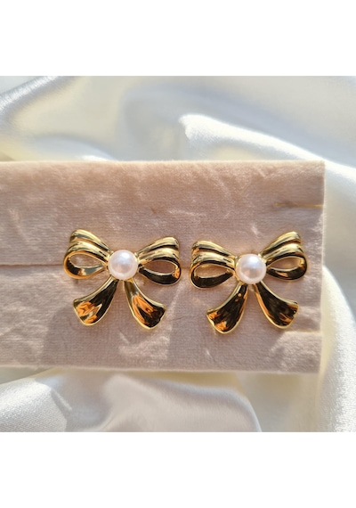 Luxe Pearl Bow Küpe Altın