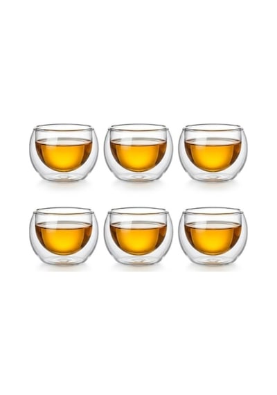 6'lı Mini Çift Cidarlı Sosluk Çay Bardağı - Şeffaf Isı Yalıtımlı Cam, 50 Ml, 6cm Diğer