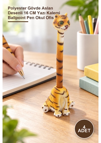 4 Adet Tükenmez Kalem Polyester Gövde Aslan Desenli 16 Cm Yazı Kalemi Ballpoint Pen Okul Ofis 1