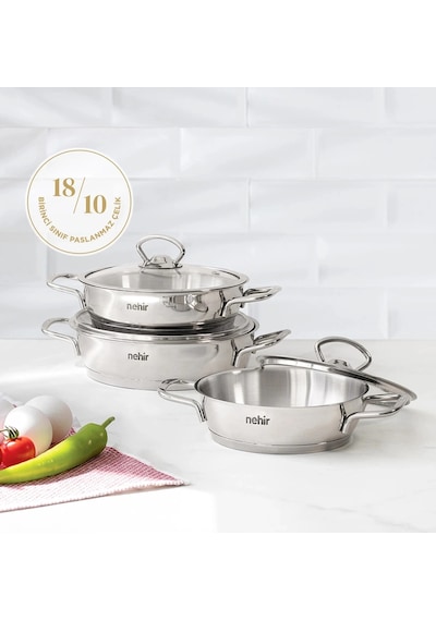 Nehir Silver 6 Parça Paslanmaz Çelik Sahan Seti 16-18-20 Cm Gümüş