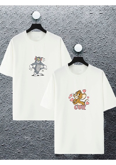 Unisex Kadın Erkek Tom Ve Jerry Cute Baskılı Sevgili Çift Tişört Kombin Oversize Tshirt 2'li Takım Beyaz Mck2448 Beyaz