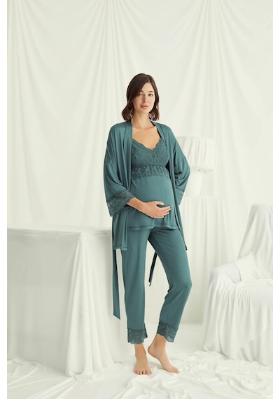 Monamise 18523 Hamile Lohusa Sabahlıklı Pijama Takım-yeşil