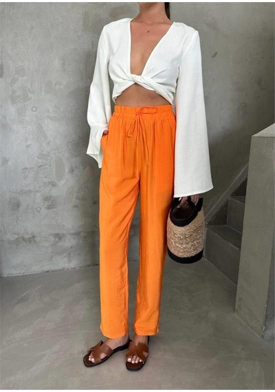 İkales Bel Lastik Detaylı Modal Kumaş Pantolon - Orange