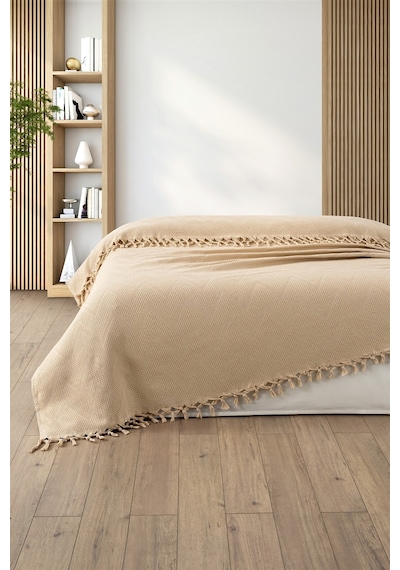 %100 Pamuk Çift Kişilik Bağlama Saçaklı Pike-220x240 Cm-kapuçino Cappuccıno Cappuccino