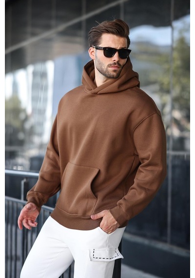 Madmext Kahverengi Kapüşonlu Kanguru Cep Erkek Sweatshirt E7169 Kahverengi