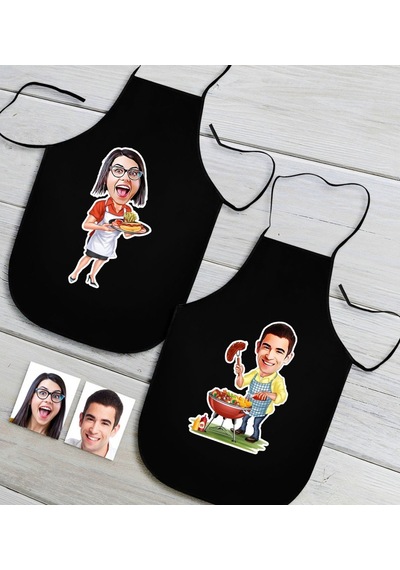 Kişiye Özel Ikili Erkek Ve Kadın Chef Karikatürlü Siyah Mutfak Önlü (435822617)