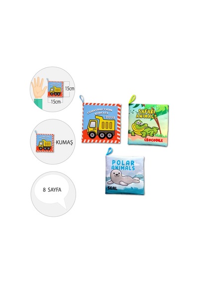 3 Kitap Tox İngilizce İş Makinaları , Safari Ve Kutup Hayvanları Kumaş Sessiz Kitap E118 E125 E130 - Bez Kitap