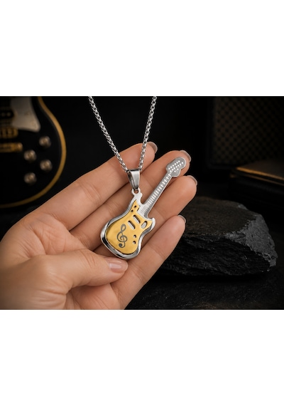 Paslanmaz Çelik Gitar Kolye Gold Gümüş Renk Sol Anahtarı Tasarım Gitar Kolye Altın - Gümüş