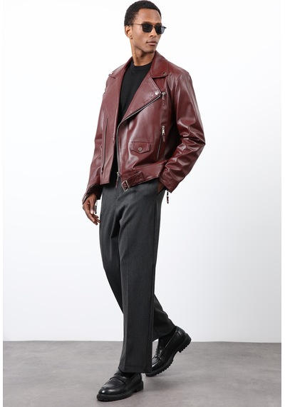 Antioch 100% Deri Biker Ceket Bordo
