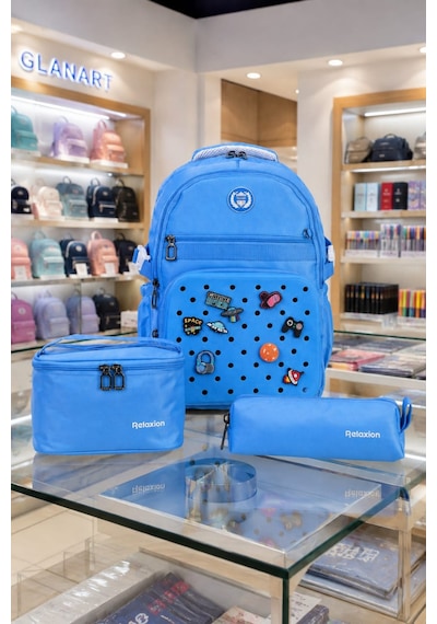 3'lü Set Çocuk İlkokul Çantası+ Kalemlik+ Beslenme Delikli Model Relaxio Mavi