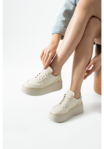 Dericia Shoes Nica Hakiki Deri Kadın Günlük Rahat Sneaker Ayakkabı Bej