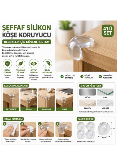 Şeffaf Silikon Top Şekilli Köşe Koruyucu Bebek Güvenlik Masa Kenar Koruyucu 4'lü Set