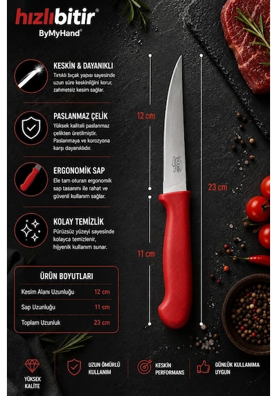 Bymyhand Paslanmaz Çelik Kırmızı Doğrama Bıçağı Kesme Bıçağı Mutfak Bıçağı