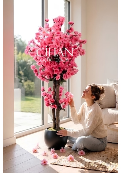 Yapay Pembe Japon Bahar Dalı Ağacı 100 Cm Siyah 27 33 Küre Saksılı Beyaz
