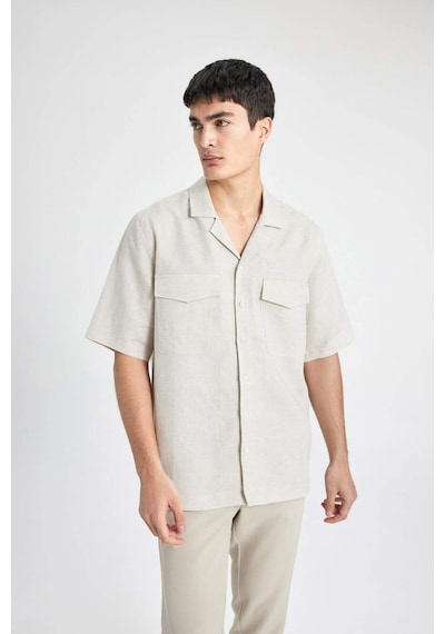 DeFacto %100 Keten Relax Fit Polo Yaka Yazlık Basic Düz Kısa Kollu Gömlek B6687AX24SPBG74