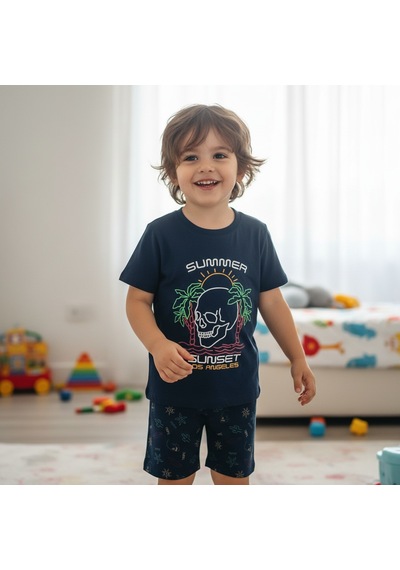 Bonbon Çocuk Summer Baskılı Lacivert Renk 2'li Takım Cb1061