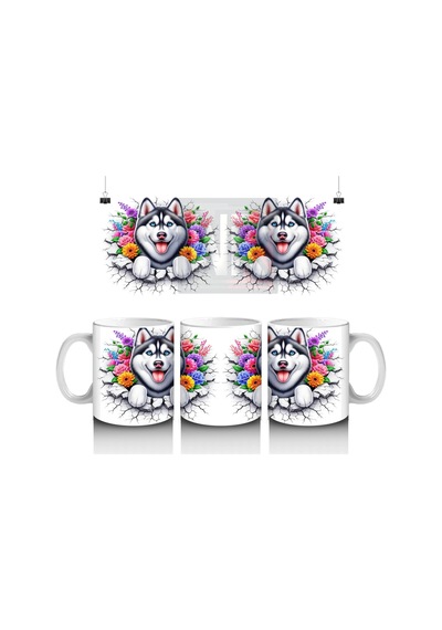 Çiçek Taçlı Gülümseyen Husky Deseni Baskılı Kahve Kupası Renkli