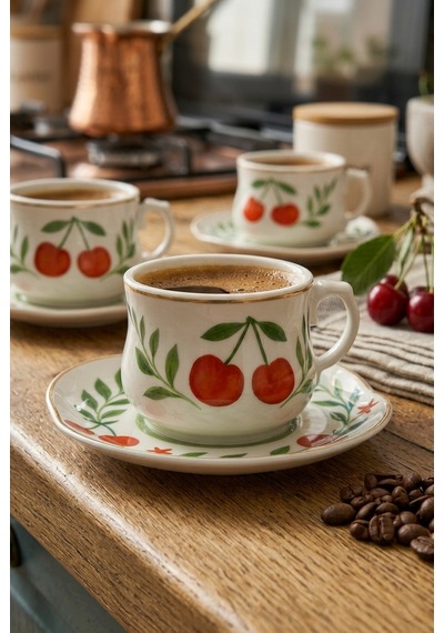 Acar Kiraz Desenli 6 Kişilik Kahve Fincanı Takımı 90 Ml 09502 Beyaz