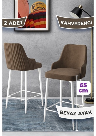 Canisa Tera Serisi 2 Kahve Sandalye 65 Cm Ada Mutfak Bar Sandalyesi Babyface Kumaş Beyaz Metal Ayaklı Sandalyeler Kahve Ayaklar Beyaz