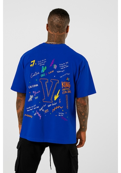 V Baskılı Oversize Beyaz T-shirt Saks Mavisi