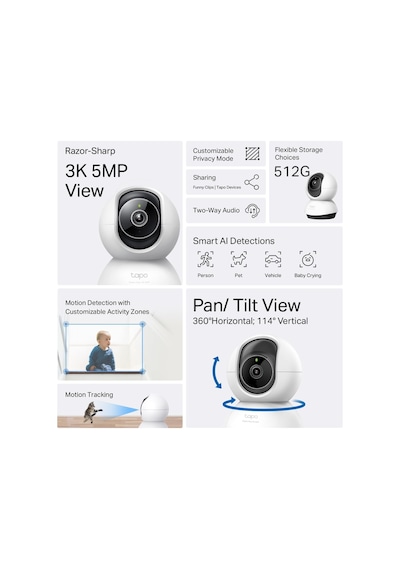 Tp-lınk Tapo Tc74 C230 , 3k, 5,0mpix, İç Mekan, Wifi, 12mt. Gece Görüşü, 360 Dönüş, İki Yönlü Ses Güvenlik