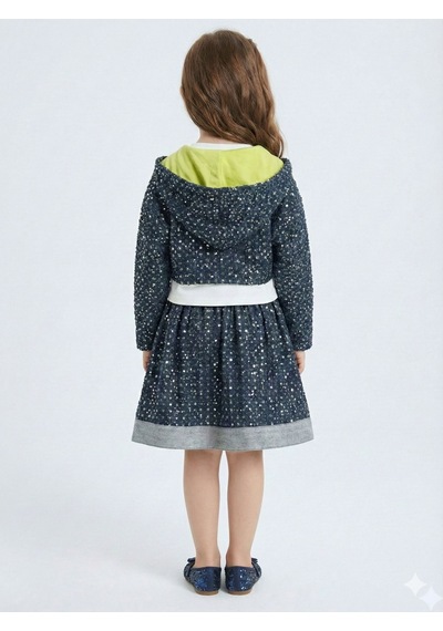 Xo Kids Simli Kumaş Kapüşonlu 3lü Kız Çocuk Etek Takımı 3-7 Yaş 4416 Lacivert