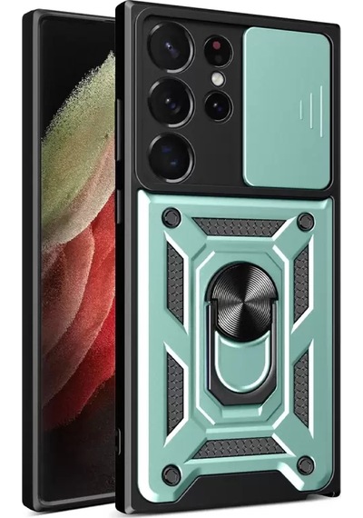 Newface Samsung Uyumlu Galaxy S23 Ultra Kılıf Pars Lens Yüzüklü Silikon - Yeşil Resimdeki