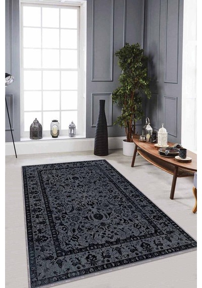 Antrasit Vintage Kaymaz Tabanlı Dekoratif Halı Rv287n11
