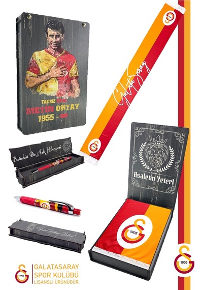 Galatasaray Lisanslı Şal Kaşkol Atkı Ve Premium Uçlu Kalem Set Aslan Baskılı Ahşap Kutulu Sarı - Kırmızı