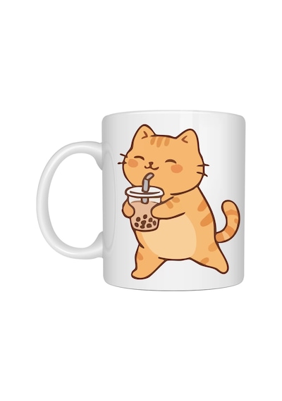 Sevimli Kedi Bubble Tea Tasarımlı Porselen Kupa Model 192 Boba Çayı İçen Kedi Kahve Kupası Kedi Severlere Hediyelik Kupa Bardak Diğer