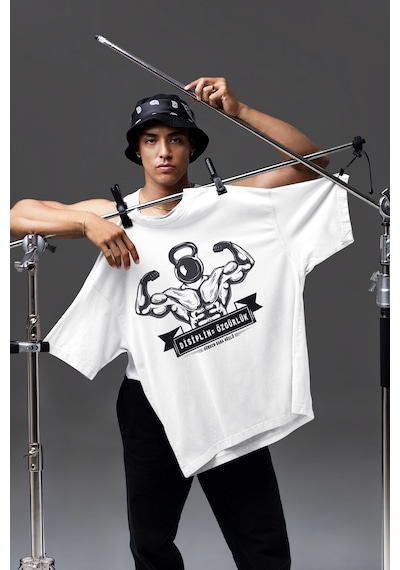Fitness Dijital Baskılı Unisex Tshirt, Günlük Kullanıma Uygun Pamuklu Regular Tshirt Beyaz