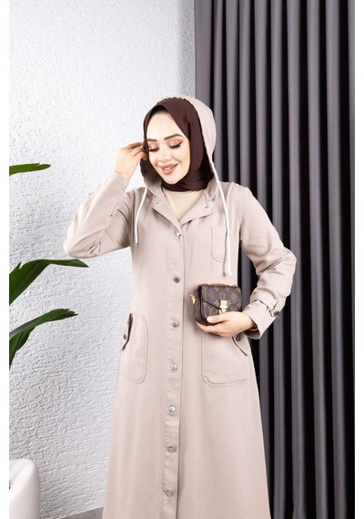 Harman Butik Kadın Düğmeli Cepli Gabardin Kap Krem Krem