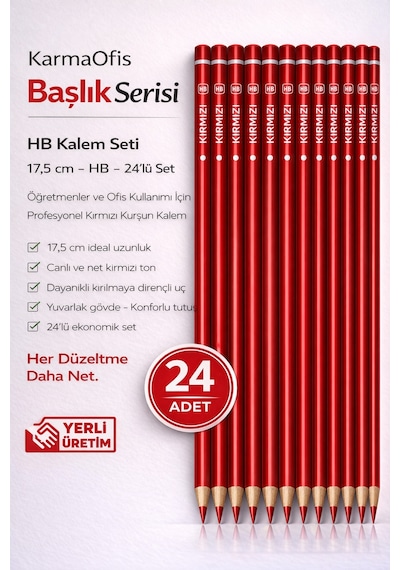 Kırmızı Başlık Kalemi Hb 17,5 Cm 24 Adet Öğretmen Düzeltme Kalemi Yerli Üretim Kırmızı 24
