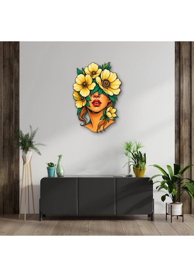 Sarı Çiçeklerle Örtülü Kadın Portresi - Metal Tablo - Dec0280 55 X 80 Cm Çok Renkli