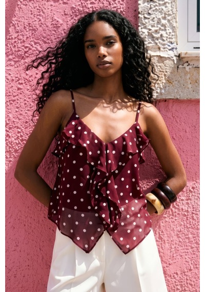 Sateen Puantiye Desenli Askılı Fırfırlı Bluz - Bordo-137634