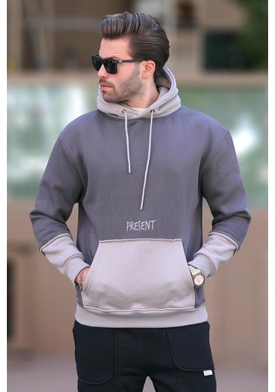 Madmext Füme Kapüşonlu Baskılı Cep Detaylı Erkek Sweatshirt 7083 Füme