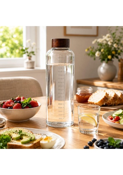 1000 Ml Akasya Kapaklı Cam Matara Ölçekli Su Şişesi Sızdırmaz Kapaklı Şeffaf Cam Suluk