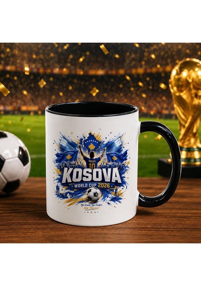 Bk Gift Kosova Taraftar Temalı Dünya Futbol Kupası Tasarımlı Siyah Kupa Bardak-5 Beyaz