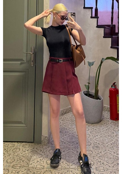 Madmext Bordo Pileli Kadın Mini Şort Etek Mg2402 Bordo
