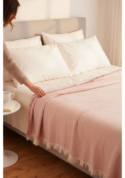 4 Mevsime Uygun Koltuk Şalı , Yatak Örtüsü , Pamuklu Müslin Tek Kişilik Pike 160 X 220 Cm - Rose Kırmızı